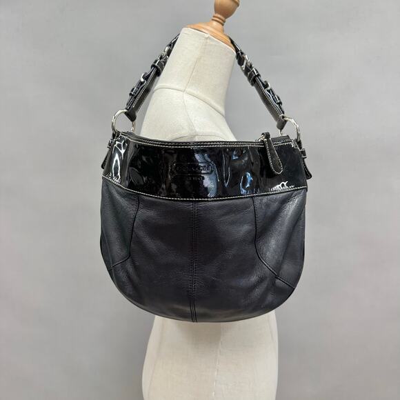 Coach F14886 Black Laura Smooth & Patent Leather Hobo Handbag Purse Coach Bag - Picture 1 of 16